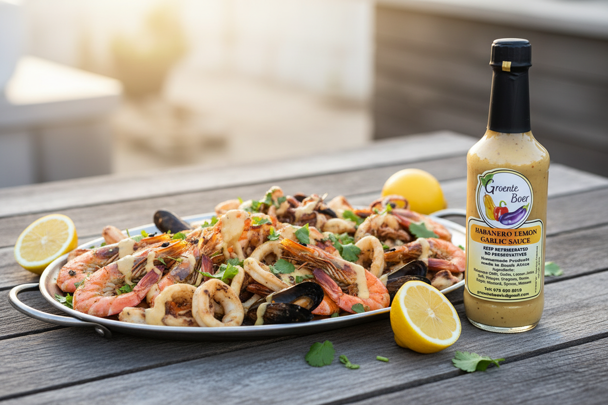 Grilled prawns with Habanero Lemon Garlic Sauce bottle