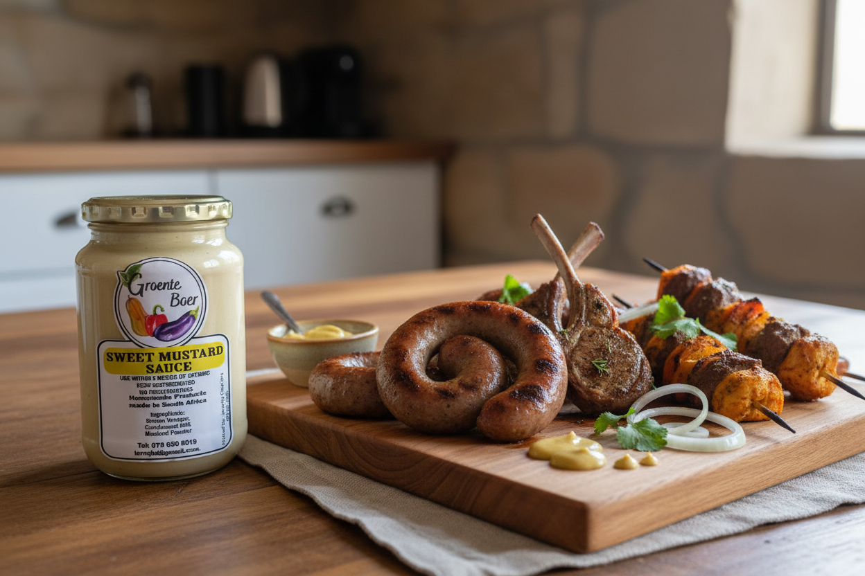 Groente Boer Sweet Mustard Sauce jar next to braai meat dish
